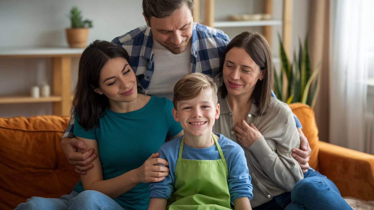 Happy family sitting on a couch together.