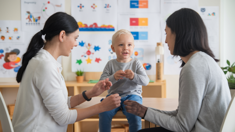 A photo of a supportive consultation setting with a compassionate autism therapist and a caring parent discussing therapy plans for an autistic child.