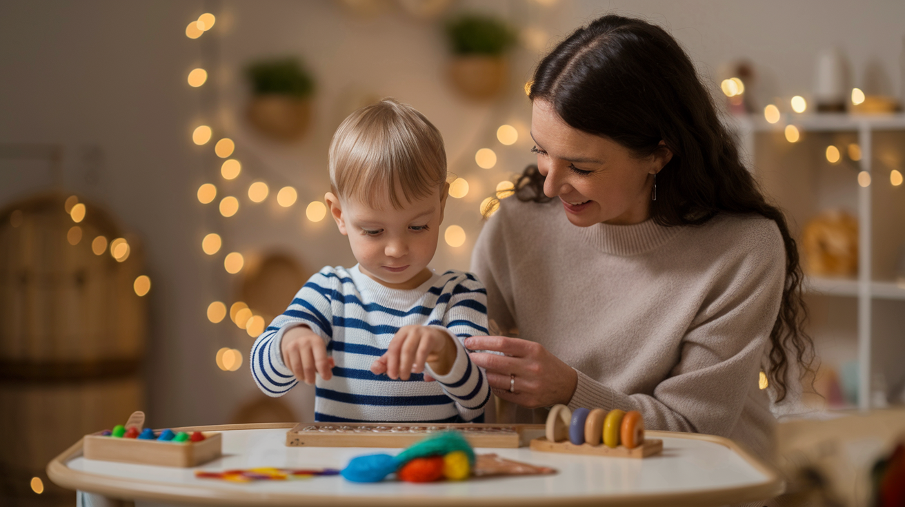 A photo of a sensory-friendly therapy room with warm, welcoming ambiance. A kind autism therapist is engaging with an autistic child.