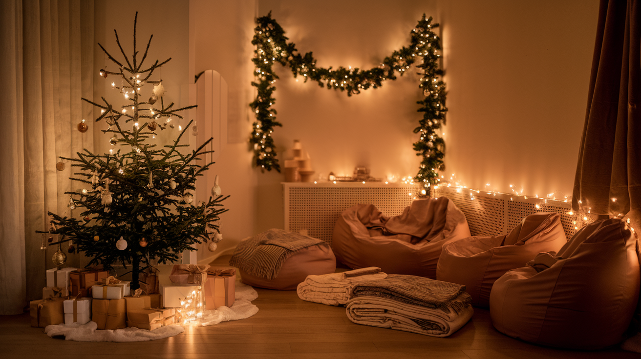 A photo of a cozy living room with autism-friendly holiday decor.