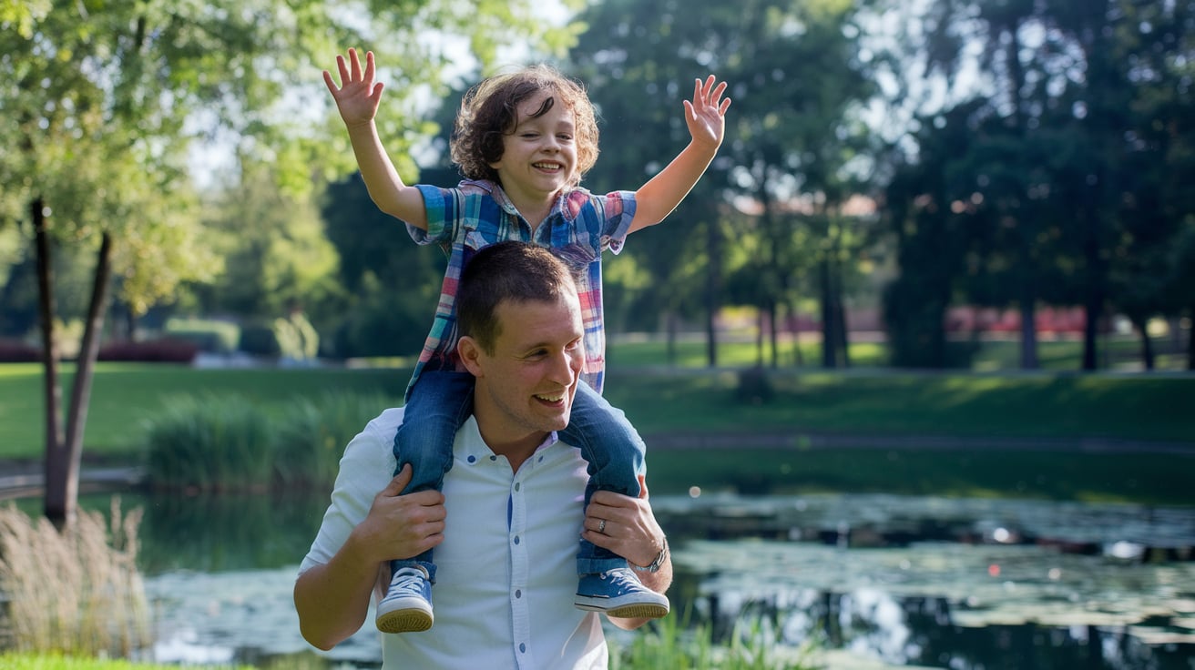 Child on adult's shoulders by a pond.