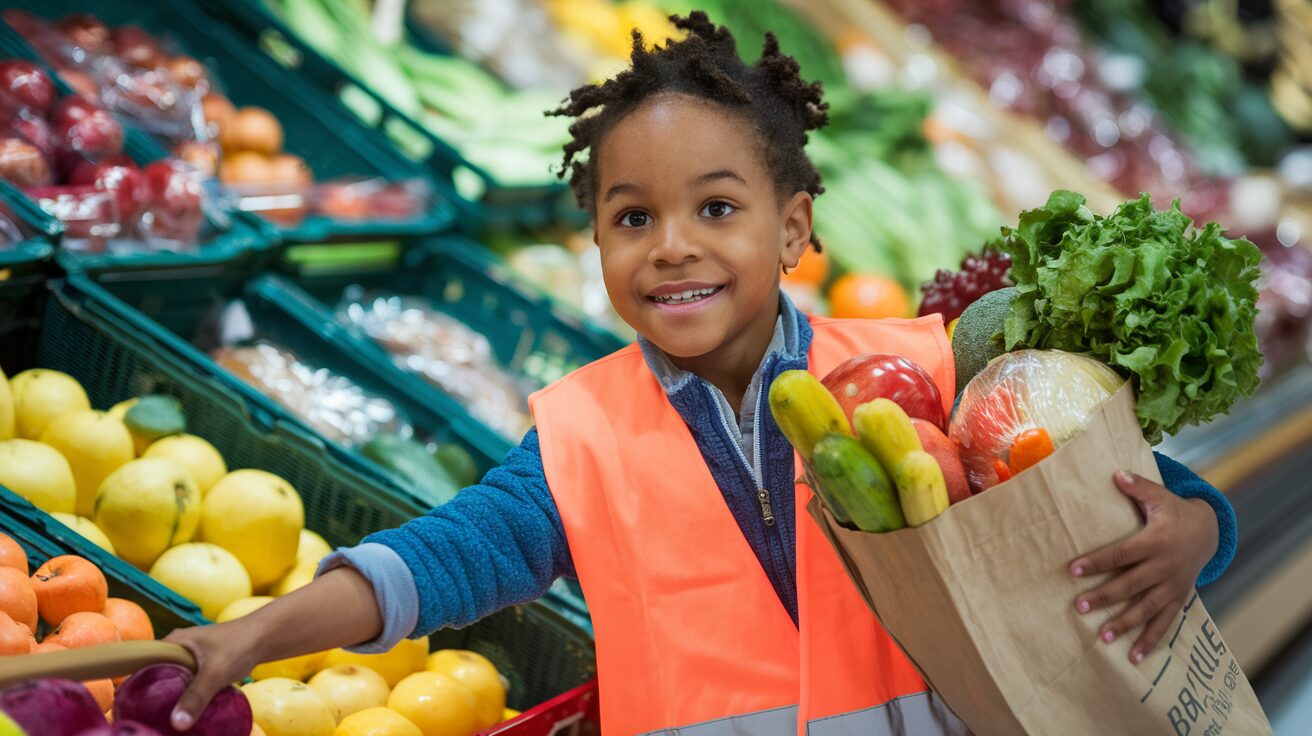 Child shopping for fruits and vegetables in store.