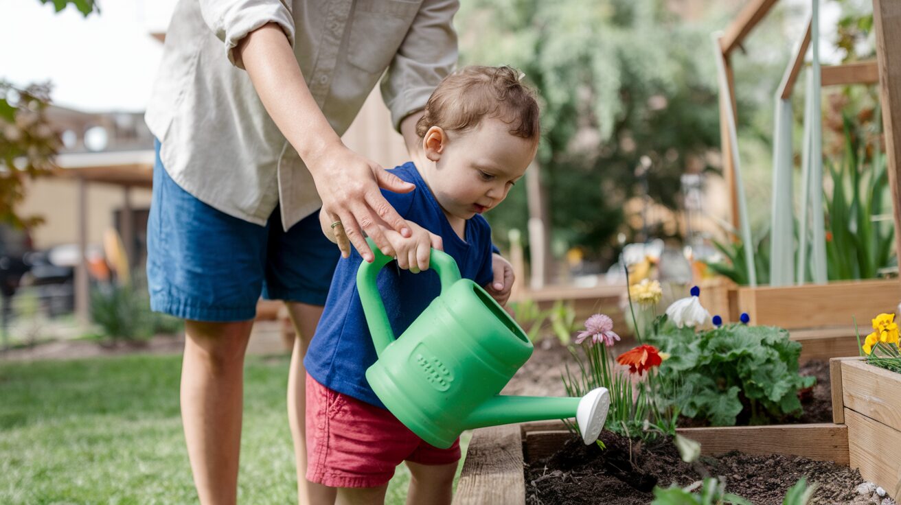 Child watering garden with adult assistance