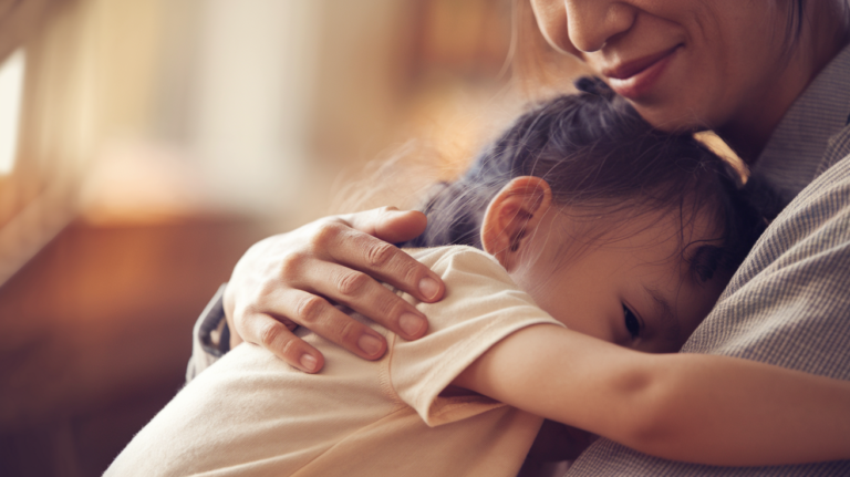 Parent and child embracing warmly indoors