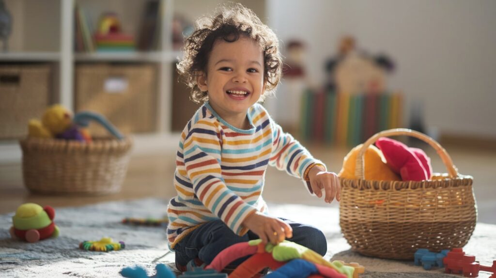 A photo of a joyful child with autism wearing tag-free, sensory-friendly clothing, smiling in a sunlit room as they play with soft, colorful toys.