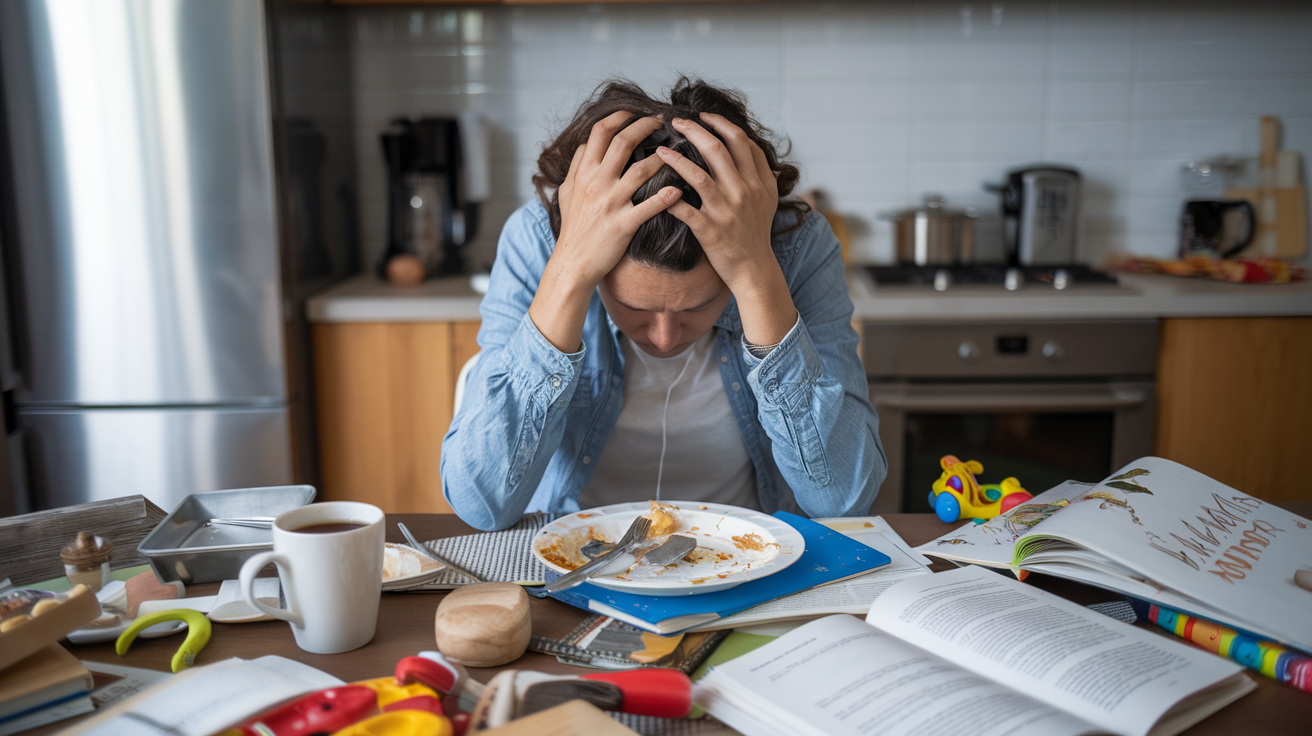 Burnout in action: a photo of a visually exhausted parent sitting at a cluttered kitchen table, with their head in their hands