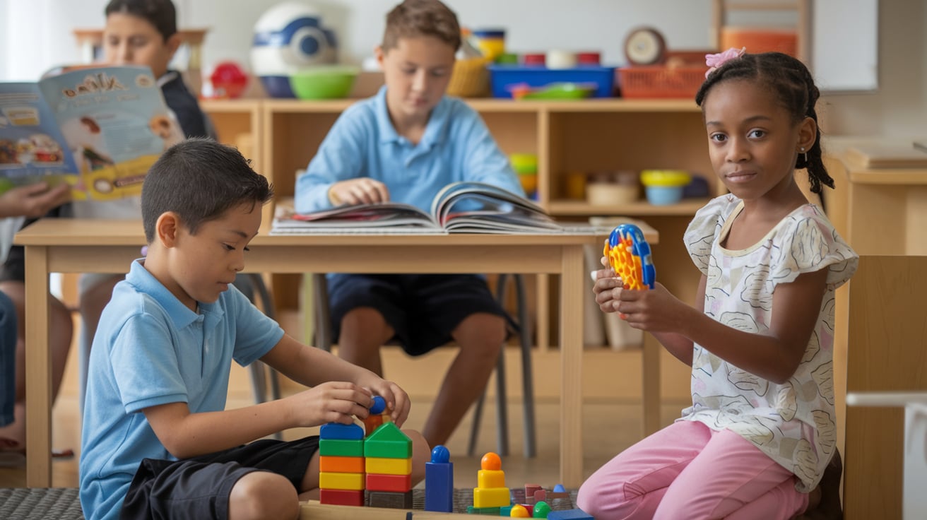 A photo of a diverse group of children in a sensory-friendly support group. 