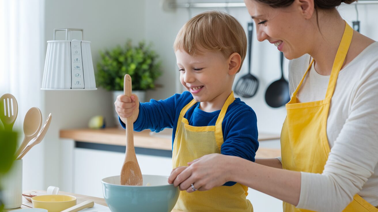 Mother and child cooking together in kitchen.