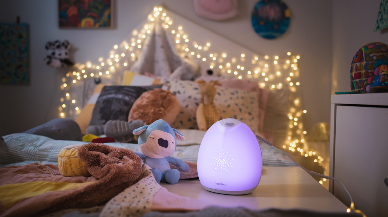 A photo of a soothing white noise machine placed next to a child's bed.