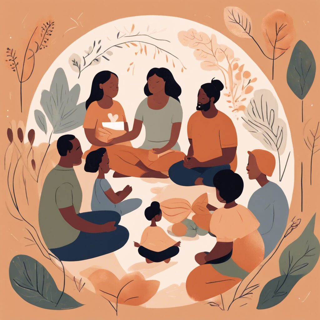 illustration of a diverse group of parents sitting in a circle, linking arms, and supporting each other inspiring overwhelmed autism parents to practice compassionate self-care.