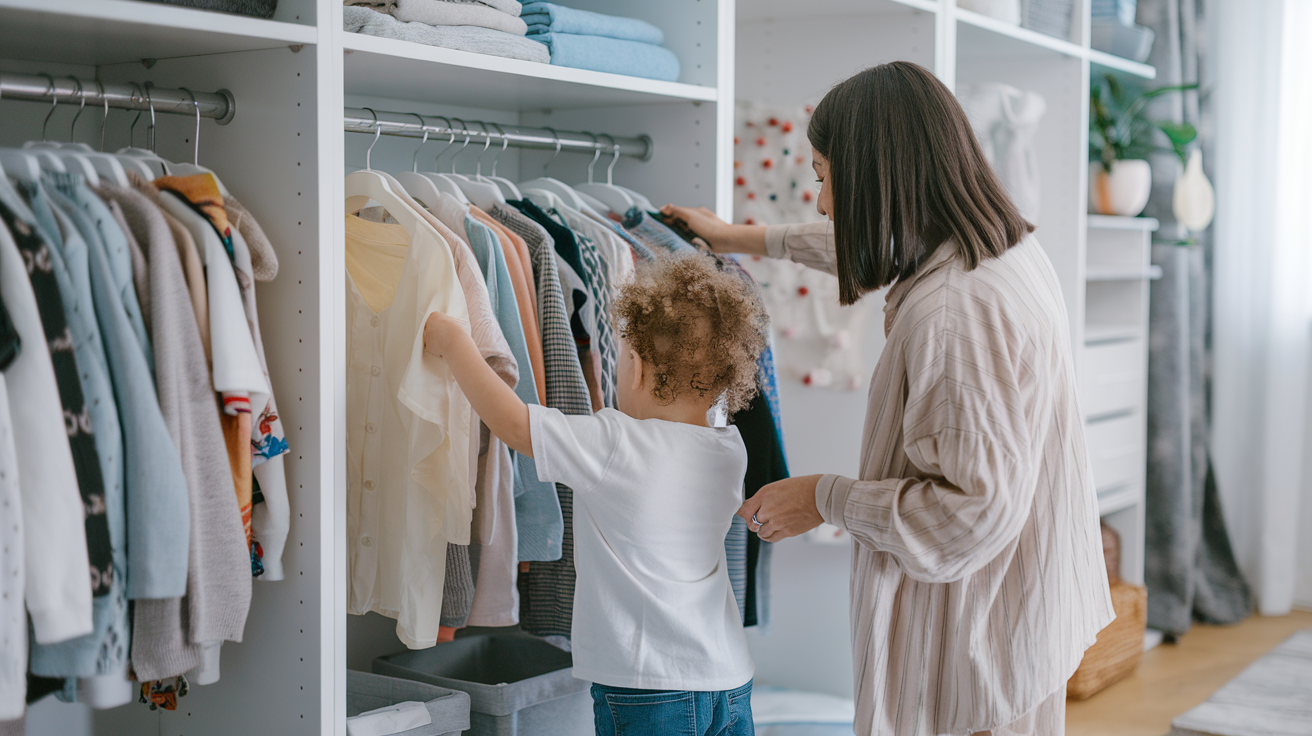 A photo of a parent and child selecting clothes from a modern, organized closet.