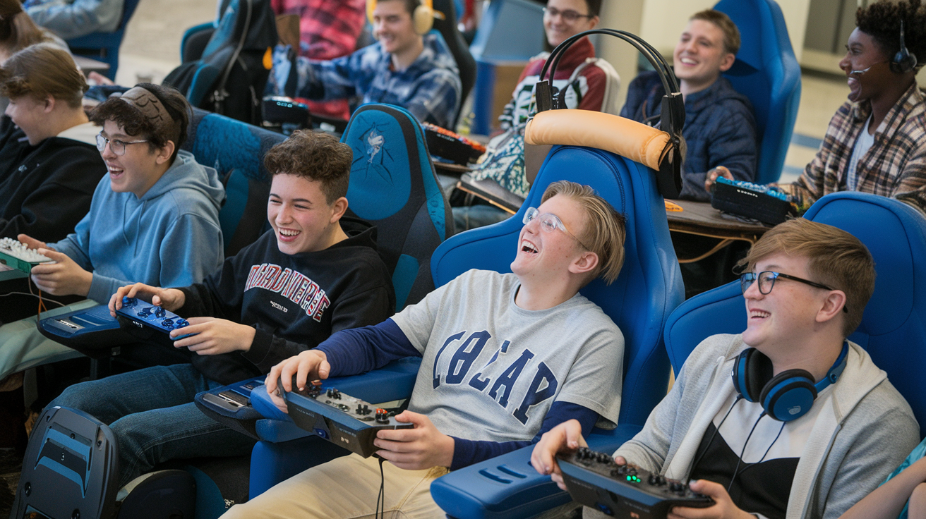 A photo of a high school club gathering with neurodiverse teens participating in a gaming session. 