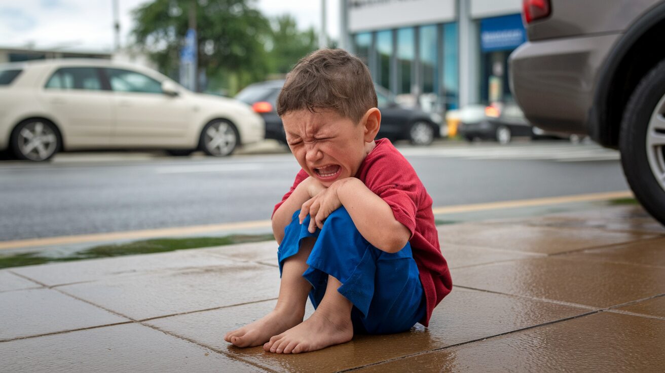 Crying child sitting on wet sidewalk near traffic.