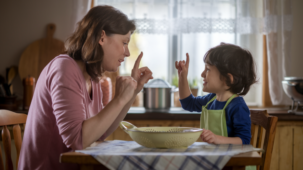 A warm, realistic scene of a parent and a non-verbal autistic child using sign language at a cozy kitchen table