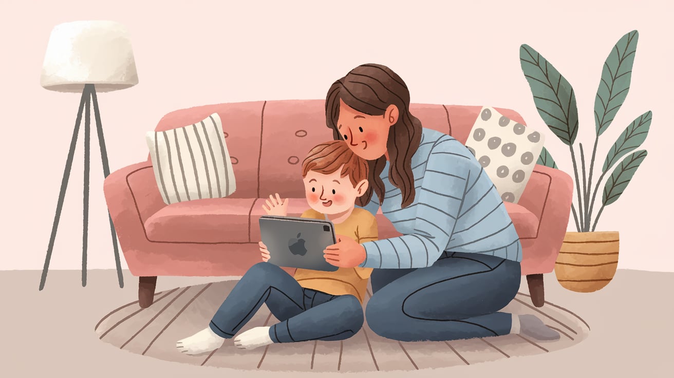 A soft illustrative style image of a tender moment between a caring parent and an autistic child using an iPad speech device.