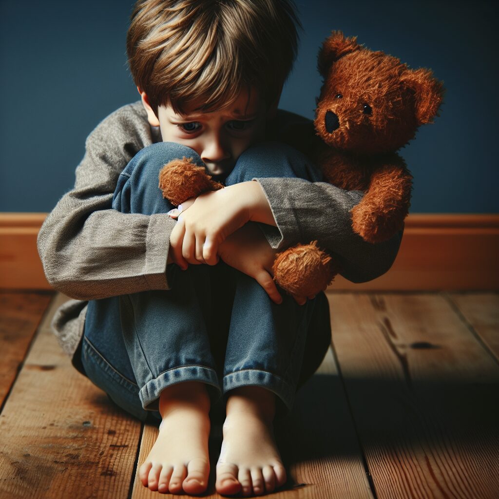 A young boy sitting alone on the floor, hugging his knees tightly while holding a teddy bear for comfort, with a pained expression on his face.