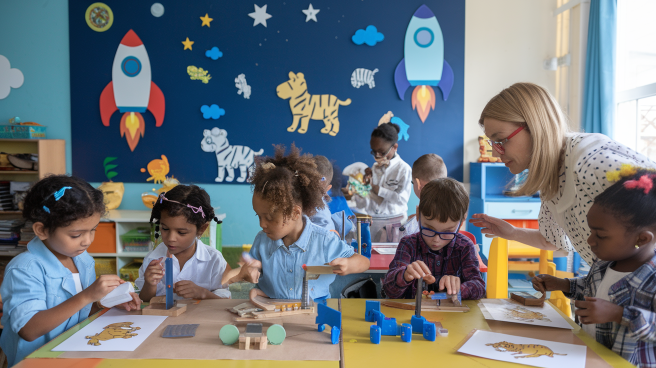 A photo of a dynamic classroom scene where children engage in hands-on science experiments