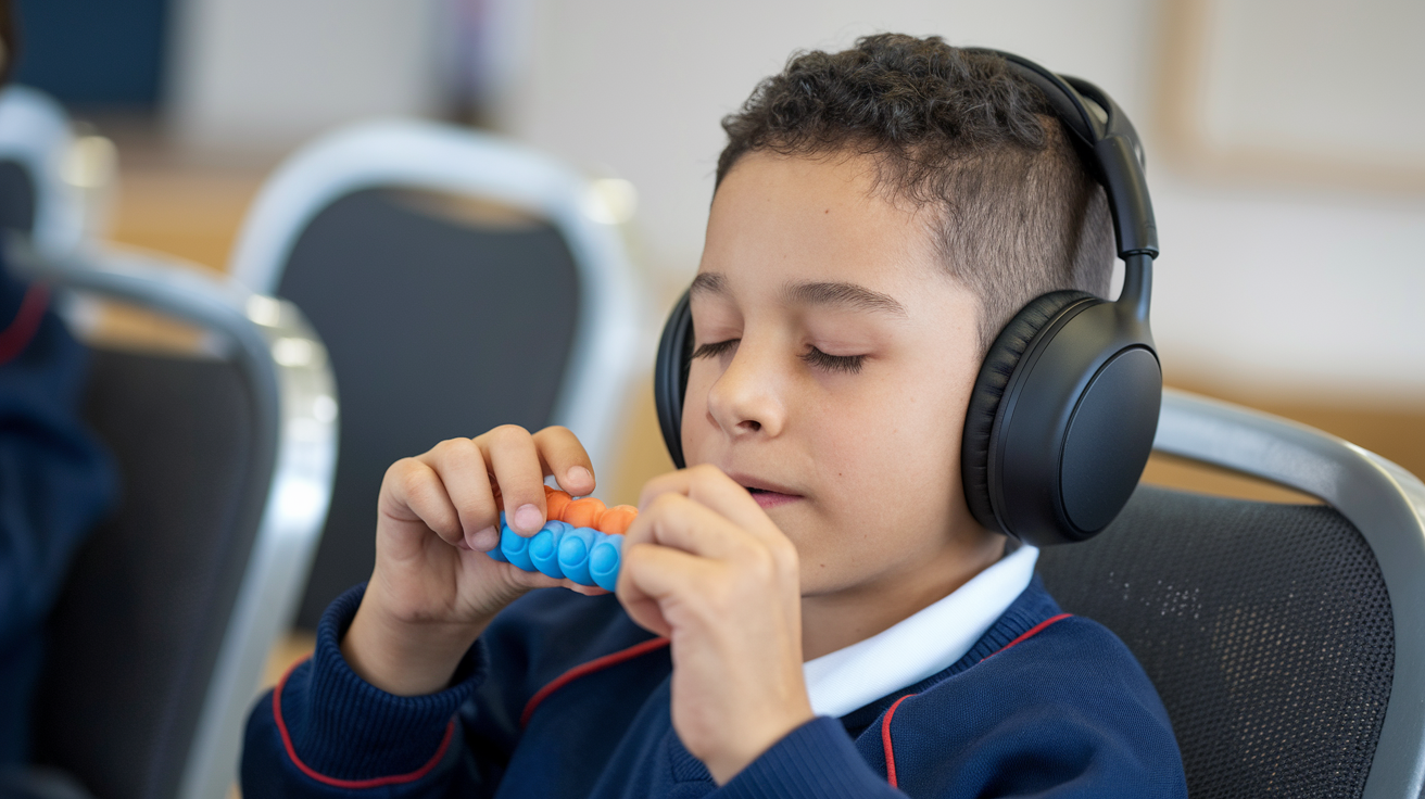 A photo of an autistic schoolboy wearing noise-canceling headphones and playing with a fidget toy. 