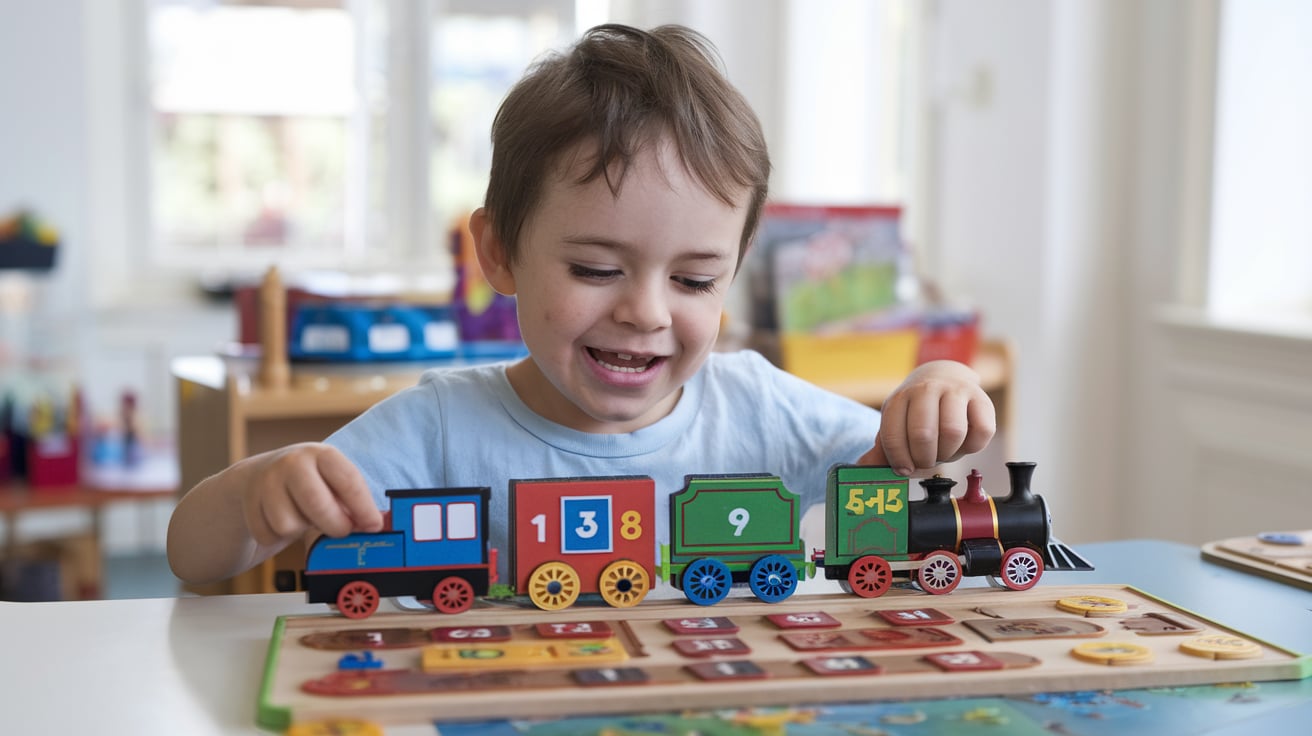 A photo of a cheerful child with autism working on a train-themed math puzzle in a bright classroom setting.