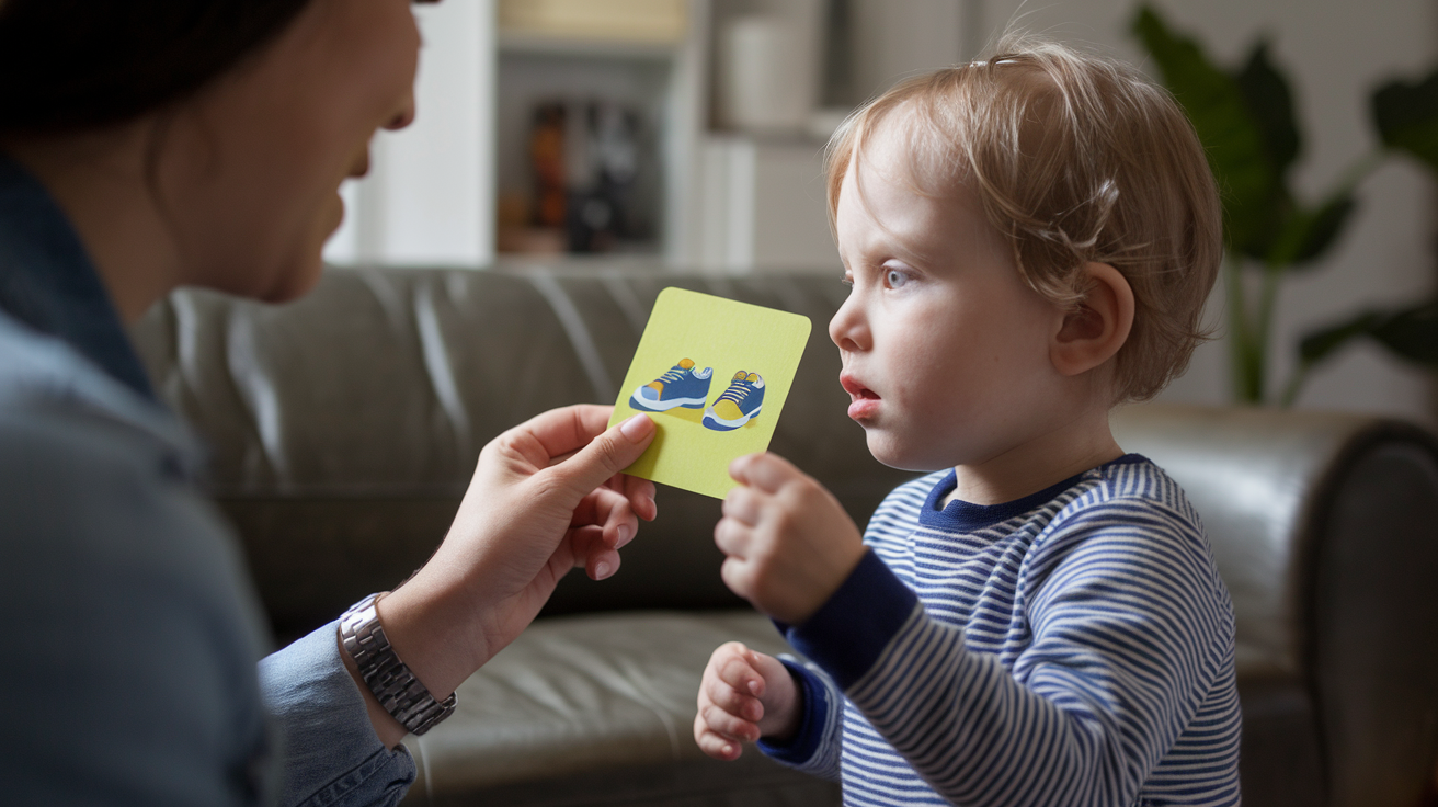 A photo of a child with autism using a PECS card to communicate with their parent. 