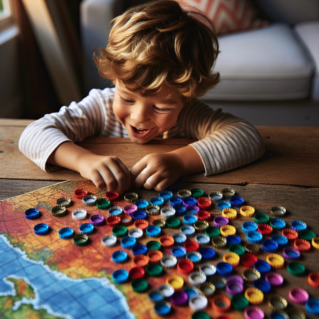 autistic child organizing bottle caps in a row 