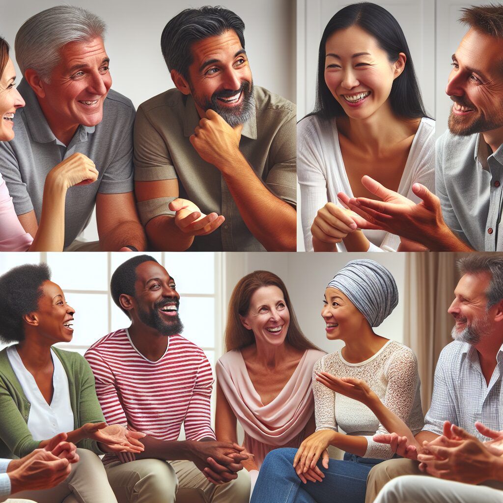 An inclusive circle of parents, representing a range of ages and ethnicities, engaged in a meaningful conversation, some expressing joy and others deep in contemplation.