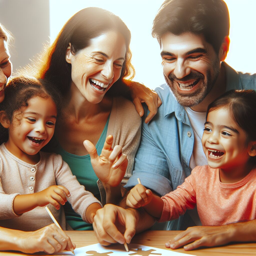 A heartwarming family portrait capturing a joyful moment of your entire family, with your autistic child smiling and actively participating in a fun activity with their siblings or parents.