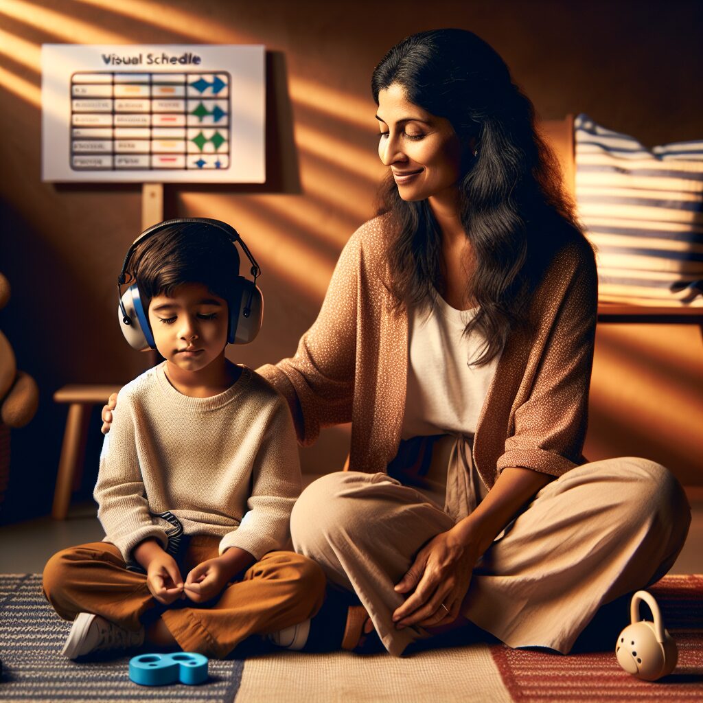 A peaceful moment between a parent and child sitting together, with noise-canceling headphones within reach and a sensory-friendly toy nearby. 