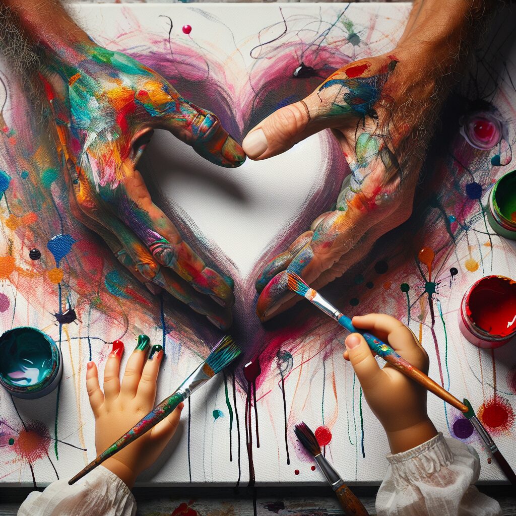 An adult's hand and a child's hand gently intertwined, creating a heart shape, while painting together on a canvas.