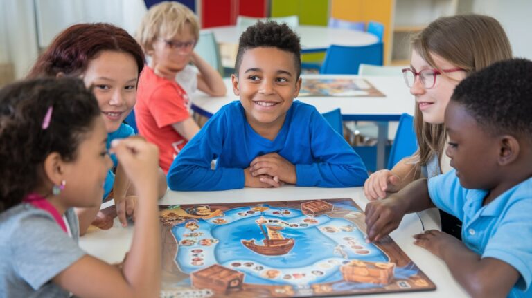 Children playing a board game together at school.