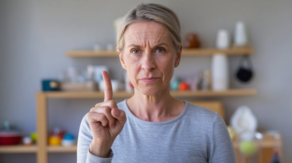 A serious middle-aged woman stands in front of the camera with her finger up and a gesture "don't".