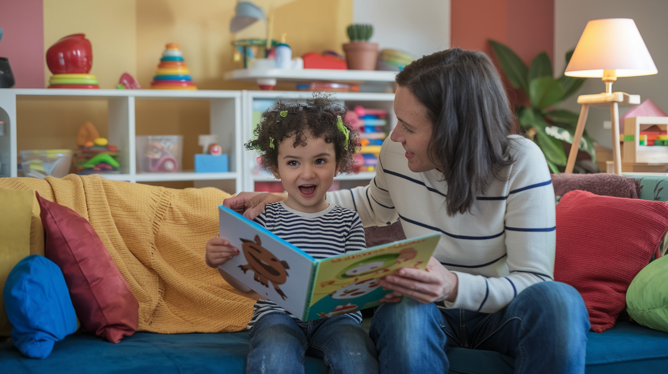 A photo of a parent and a child sitting on a couch in a cozy, colorful home setting.