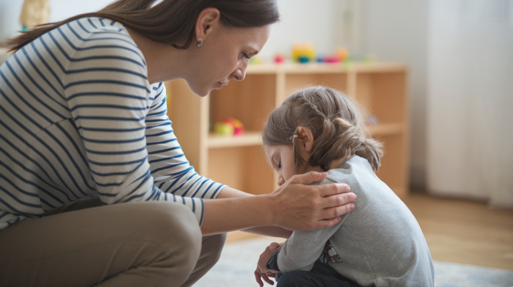 A heartwarming image of a caregiver gently comforting a child experiencing an autism meltdown.