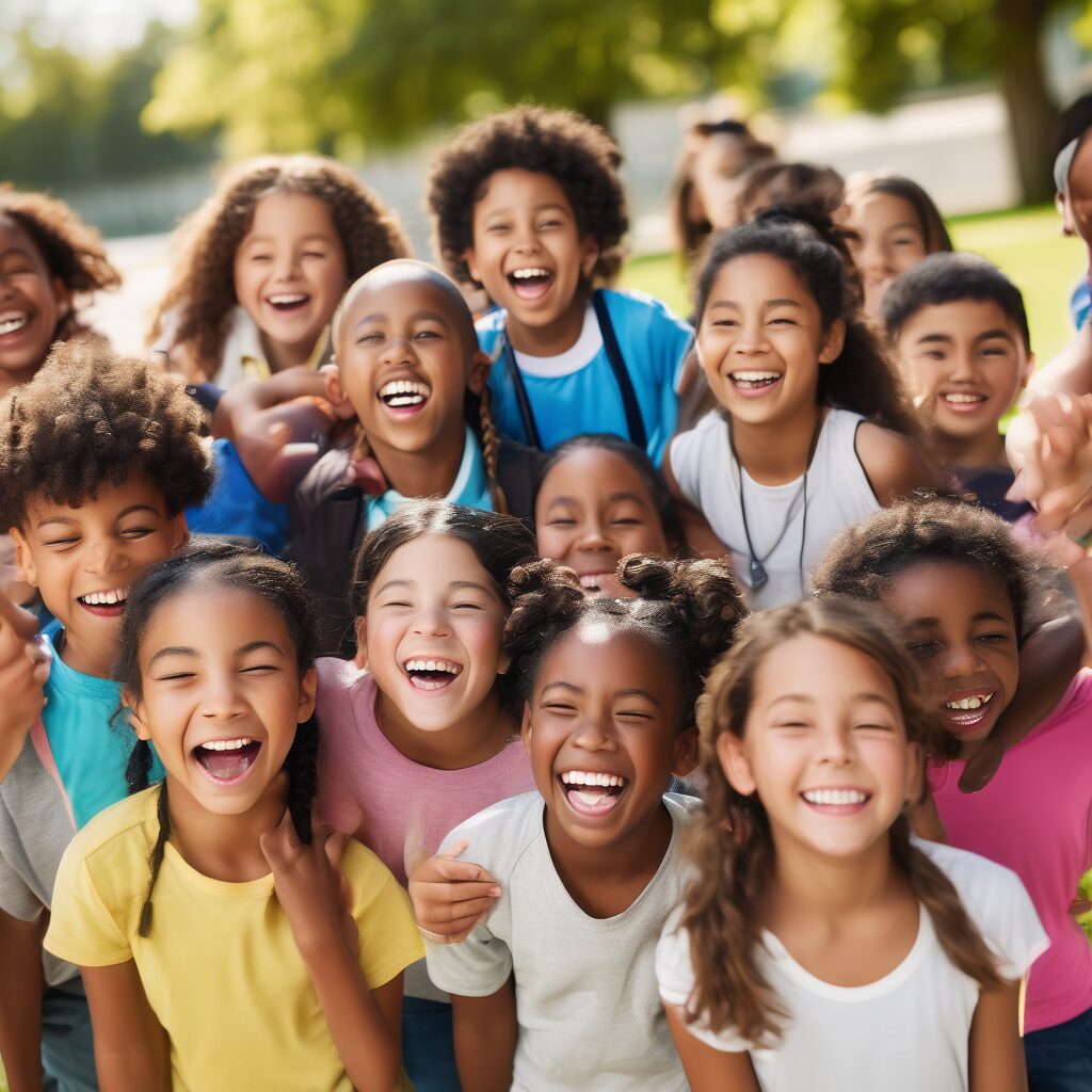 a vibrant and heartwarming portrait photo of diverse multiethnic elementary school children, laughing and playing together in a schoolyard