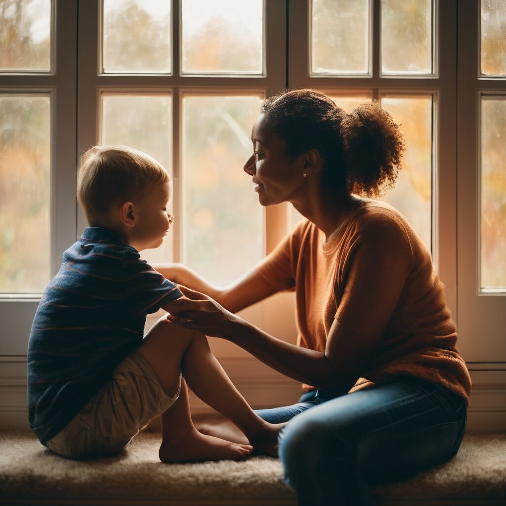 parent, child, sitting, window, uncertain, hopeful