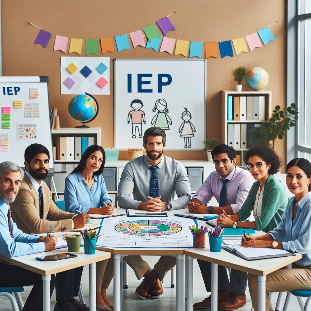 An inclusive and collaborative IEP meeting at a school, with the child's parents, special education teacher, speech-language pathologist, and school psychologist actively participating