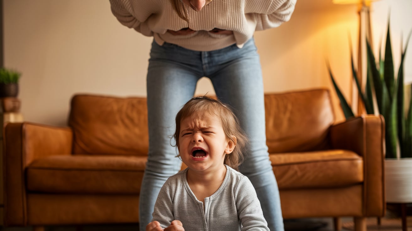 Crying toddler in living room with adult standing nearby.