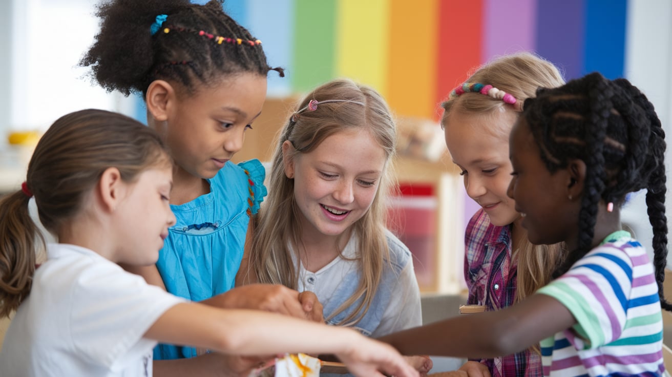 Children playing together, colorful background.