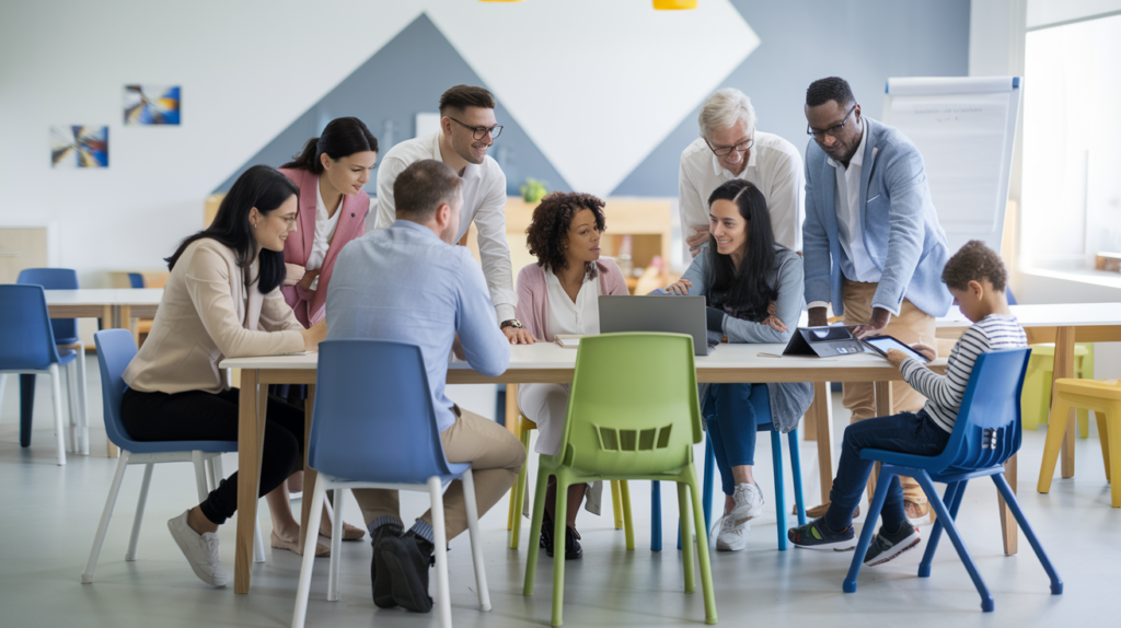 Diverse group collaborating in modern office setting.