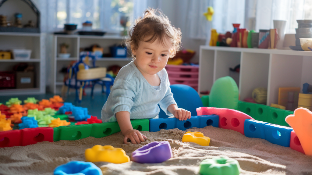 A young autistic child playing with brightly colored textured materials