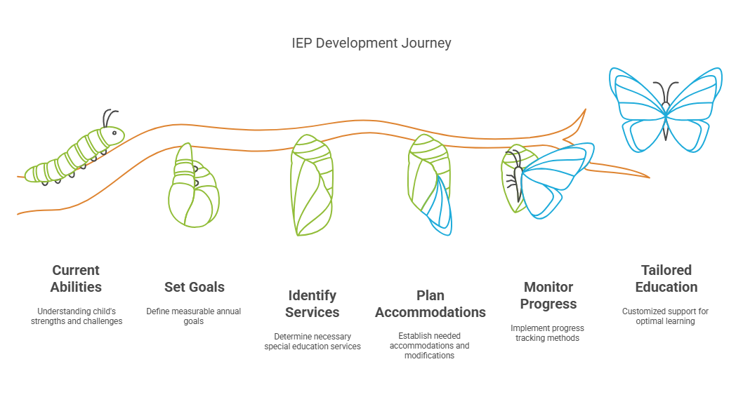 IEP development journey with milestones to track the progress to success and autism inclusion