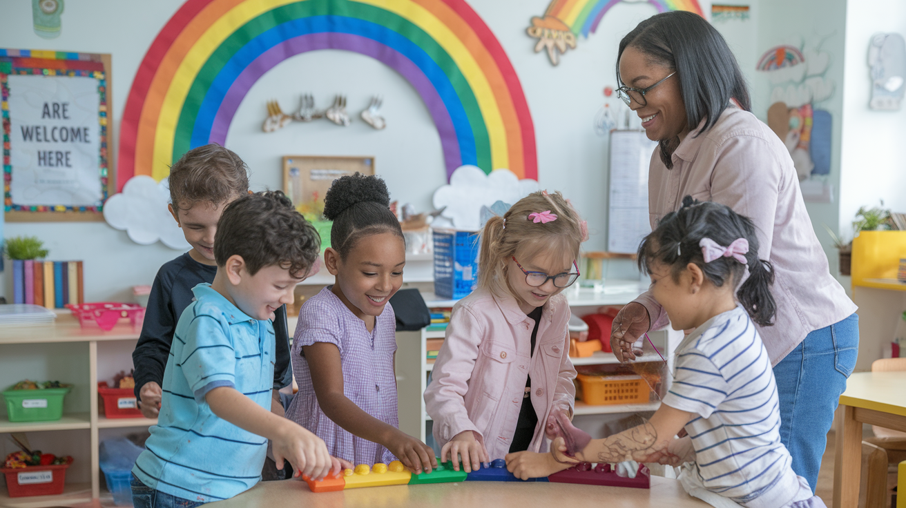 A photo of a vibrant classroom with 10-year-old children playing together, with the support of a teacher, demonstrating an inclusive environment