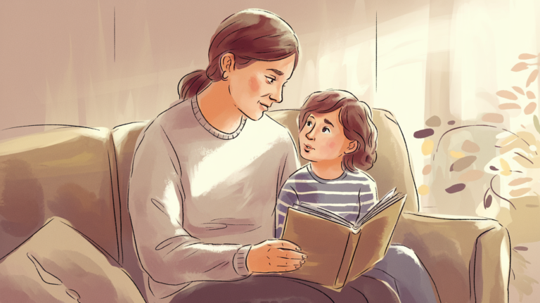 A warm illustration of a parent and child sitting on a couch in a softly lit living room, having a heartfelt conversation