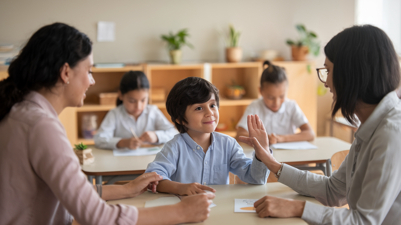 A warm, inclusive classroom scene with a child with selective mutism interacting gently with teachers and peers.