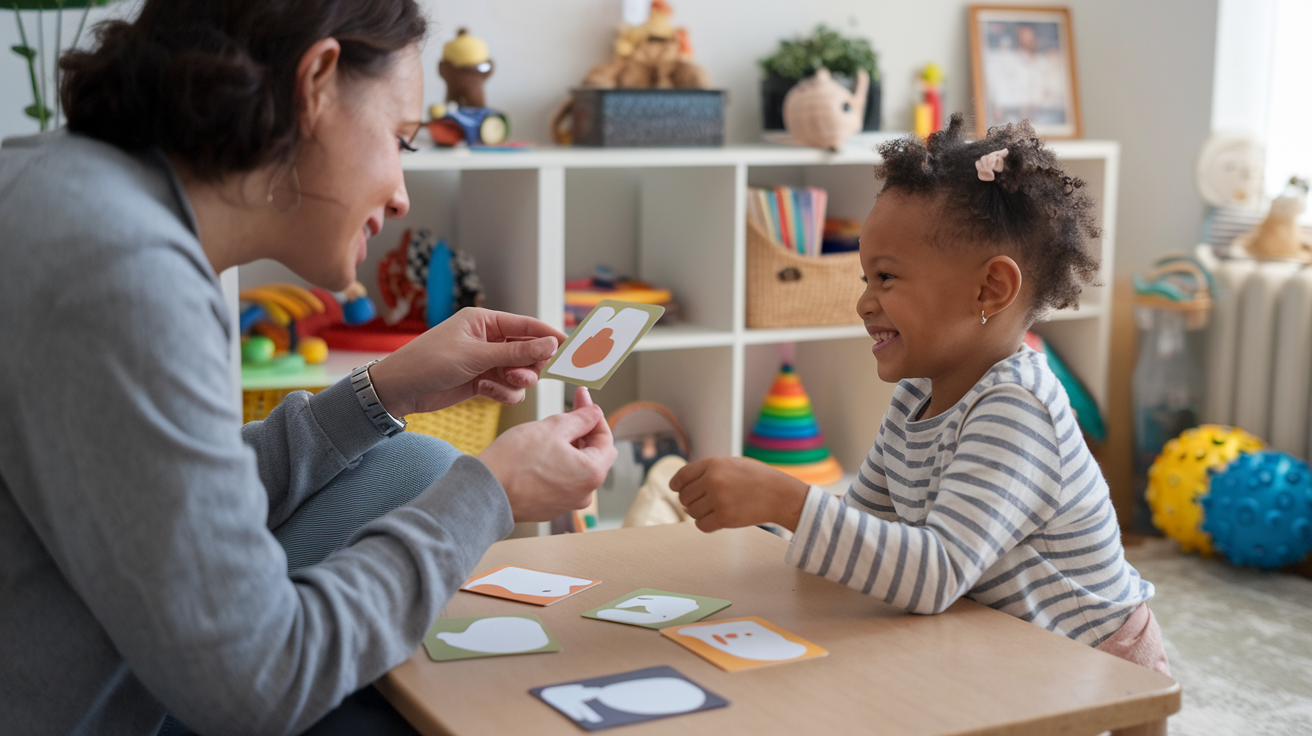 Teacher and child playing with social connections flashcards in classroom.