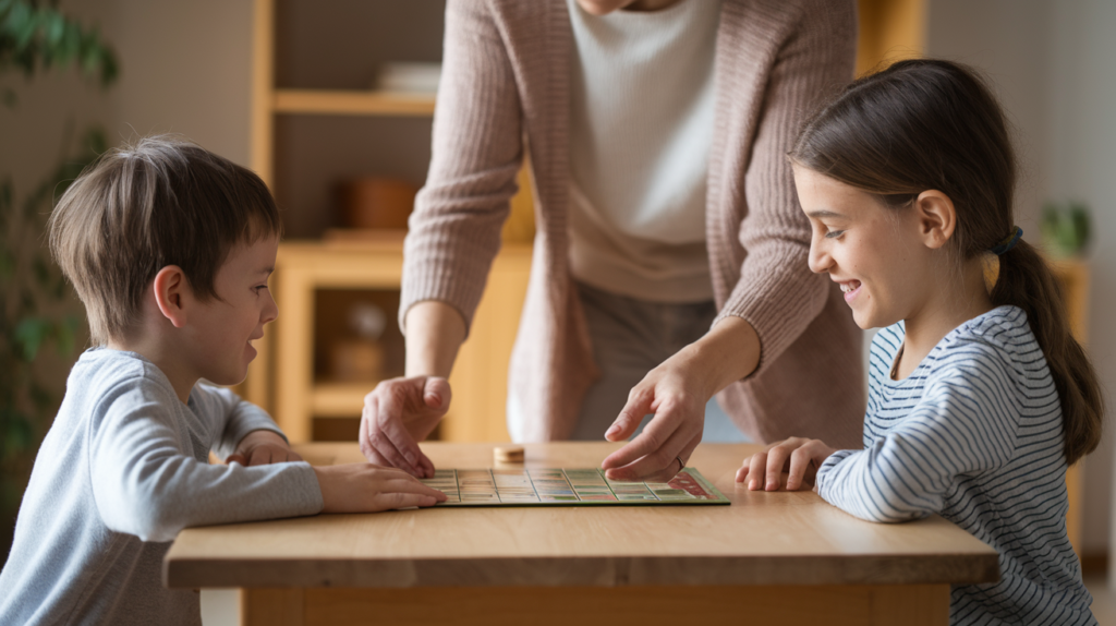 Autism Sibling Children playing board game at table.