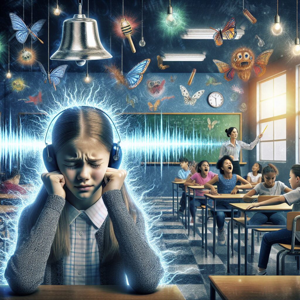 a young autistic girl, around 10 years old, in a busy classroom. She has her hands over her ears and her eyes tightly shut, showing an expression of distress. The classroom is bright with fluorescent lights, students talking, and a teacher writing on the board. A loud school bell is ringing, and noise is visually represented by wavy lines. 