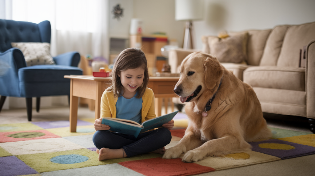 A golden retriever helping an autistic child develop social skills through companionship