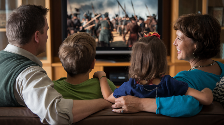 Family watching movie together on television.