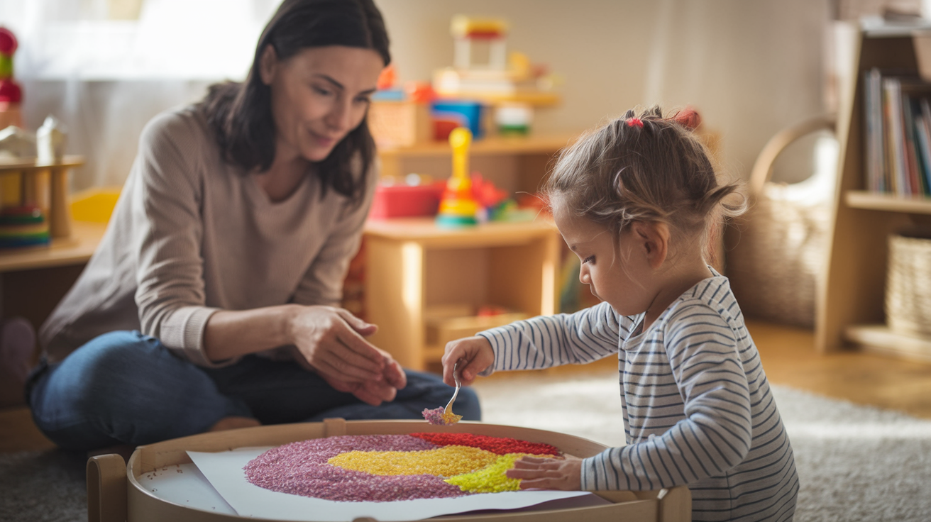 Toddler playing with colored rice art activity.